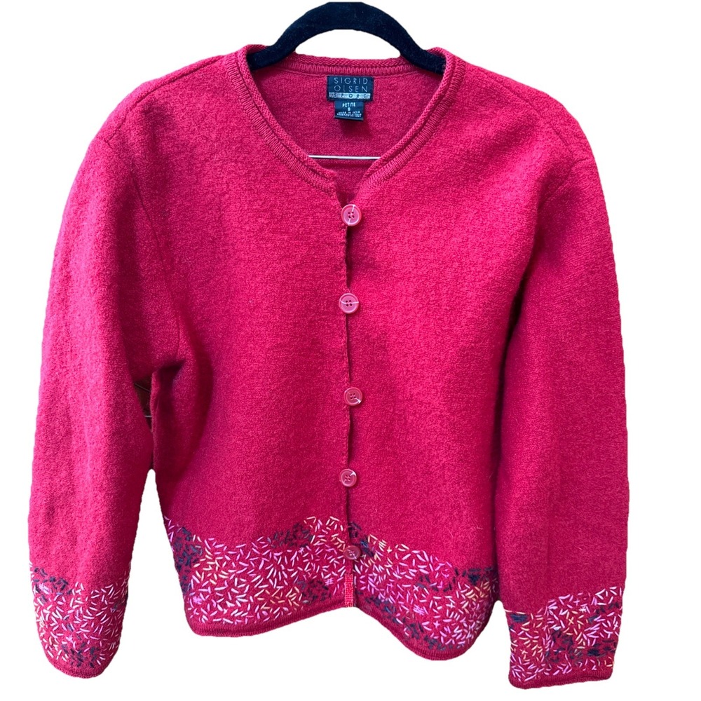 VTG. SIGRID OLSEN SPORT 100% SHETLAND BOILED WOOL~ RED CARDIGAN ~ PETITE S Small